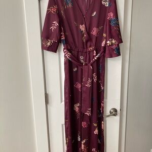 KAARI blue jumpsuit wine colored floral size M belt tie NWT
